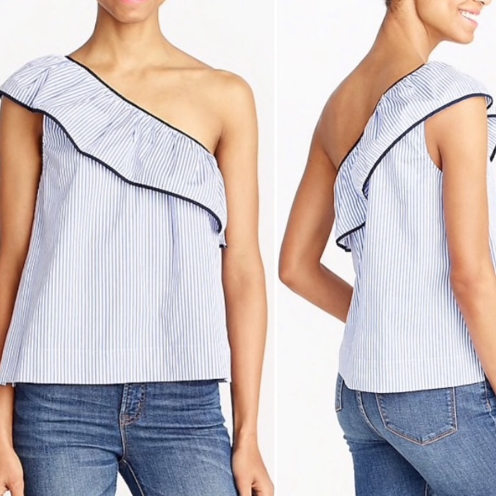 J Crew blue/white stripe one shoulder ruffle top